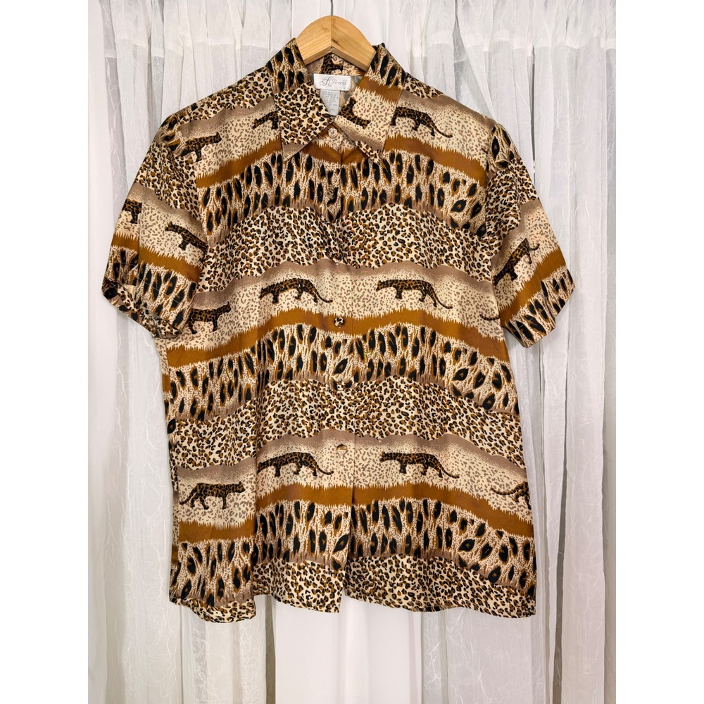 K Arnold Vintage Silk Animal Print Button Down Shirt Leopard Cheetah Brown  M